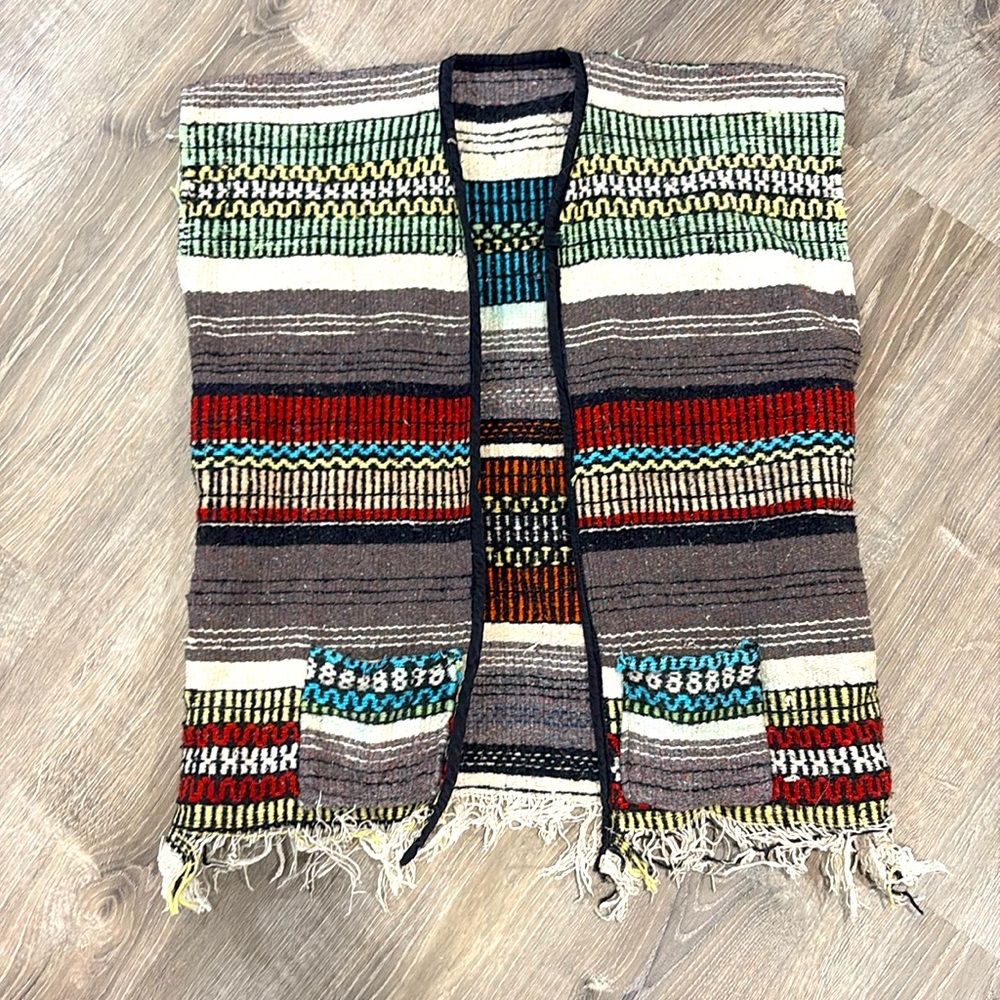 Vintage Mexican Blanket Poncho Vest Baja Drug Rug